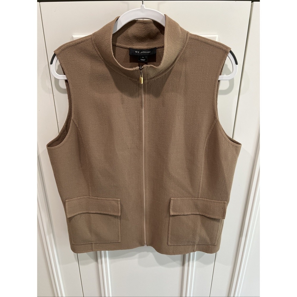 St John Tan Zip Vest Size 14 Wool Lightweight 2011 Resort Neutral Minimalist